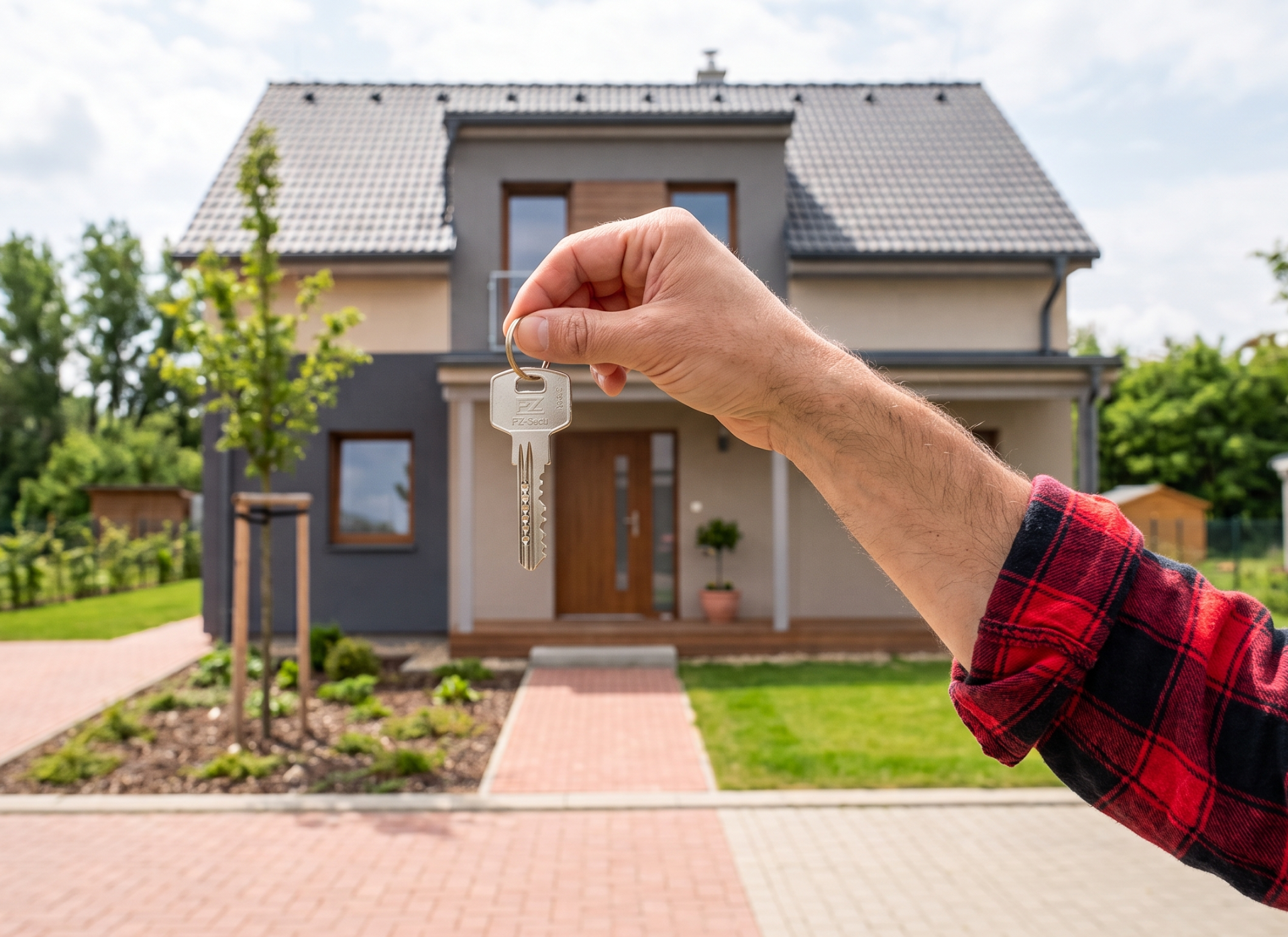 Dvě ruce si předávají klíče u červené cedule s nápisem HOME FOR SALE.